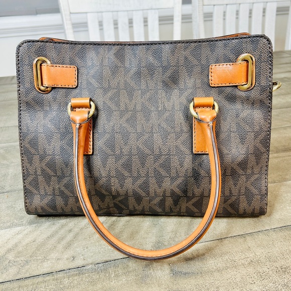 Michael Kors Hamilton East West Satchel Tote Purse Brown Signature Gold Chain - Picture 4 of 6